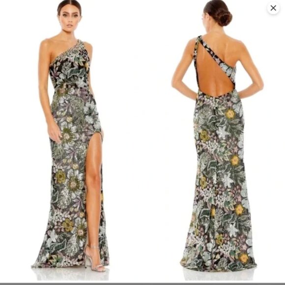 MAC DUGGAL 49574 EMBELLISHED FLORAL ONE SHOULDER BLACK MULTI DRESS sz 8 - Picture 2 of 5